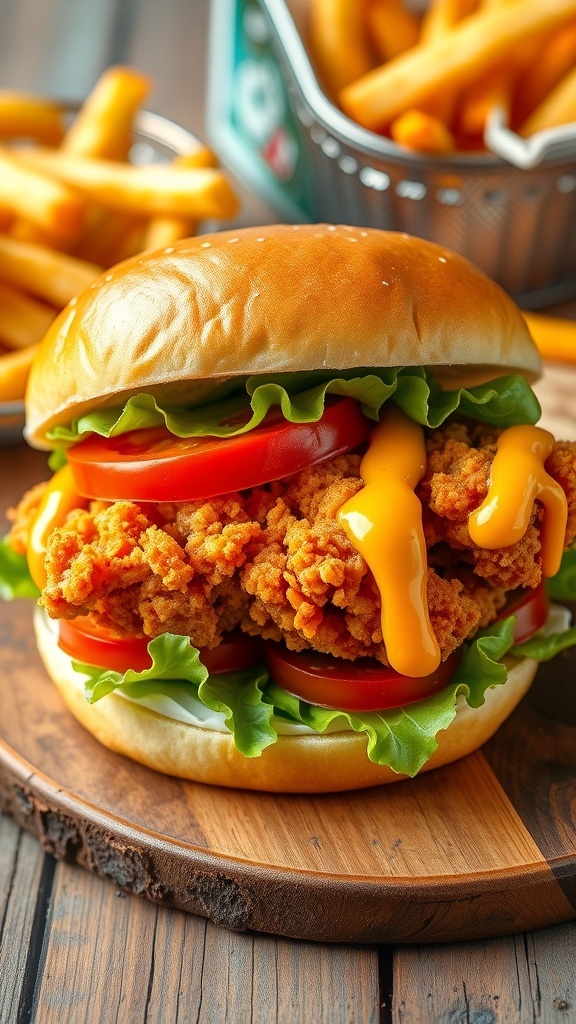 A spicy zinger sandwich with crispy chicken, lettuce, tomato, and spicy mayo on a wooden table with fries.